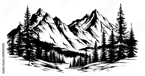 mountain forest engraving black and white outline