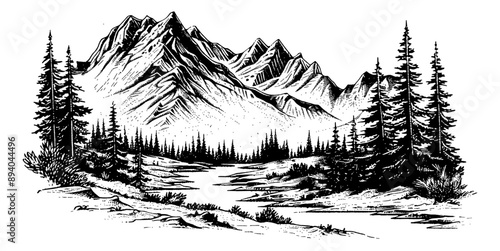 mountain forest engraving black and white outline