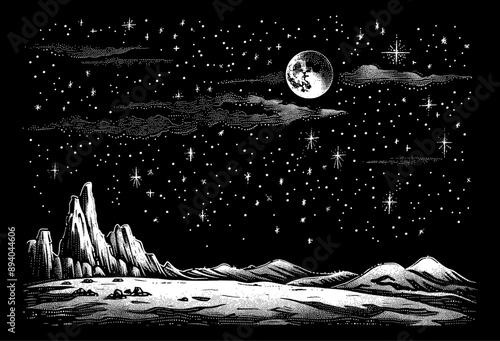 night sky star engraving black and white outline