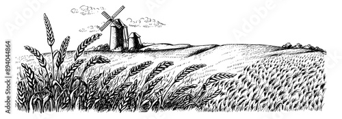 wheat field engraving black and white outline