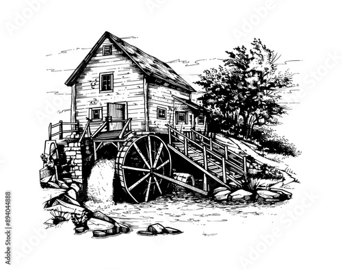 watermill engraving black and white outline