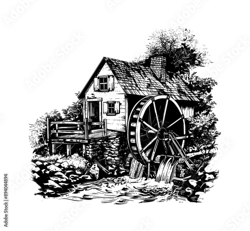 watermill engraving black and white outline