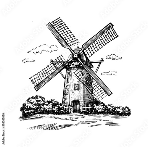 windmill engraving black and white outline