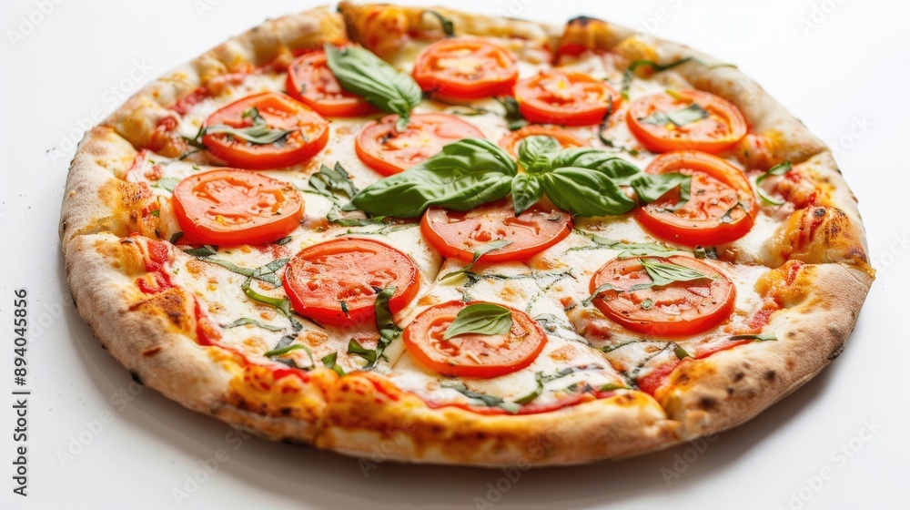 Aged Italian Margherita Pizza with tomato and Mozzarella cheese on white background Aged Italian Margherita Pizza with tomato and Mozzarella cheese on white background