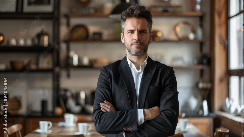 Confident businessman standing in a cozy cafe, arms crossed, showcasing professionalism and modern workspace aesthetics. Confident businessman standing in a cozy cafe, arms crossed, showcasing professionalism and modern workspace aesthetics.