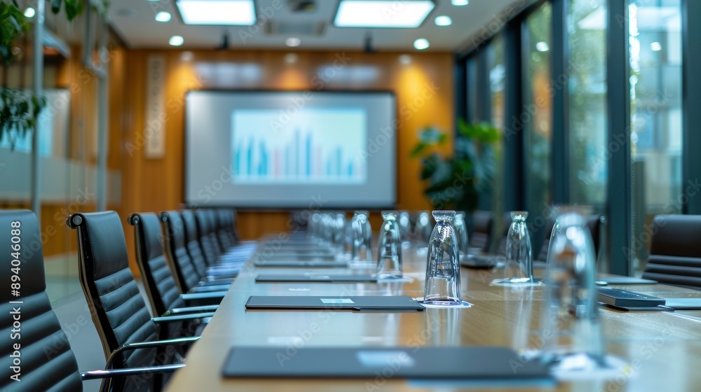 Modern conference room with glass walls, projector screen, and arranged seating for collaborative meetings. Modern conference room with glass walls, projector screen, and arranged seating for collaborative meetings.