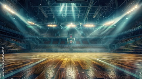 A vacant stadium, basketball court, and sports field with fans and spotlights