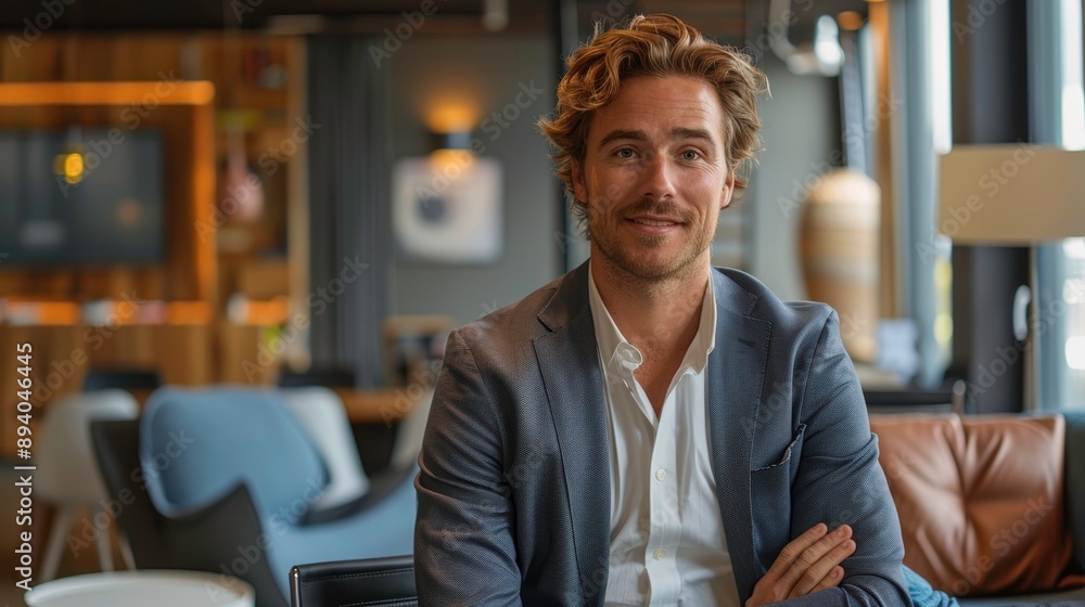 Fototapeta premium A confident man with stylish hair poses in a modern lounge, showcasing a relaxed yet professional demeanor.