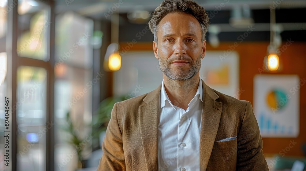 Fototapeta premium A confident man stands in a modern office, showcasing professionalism and modern business style in a vibrant workspace environment.