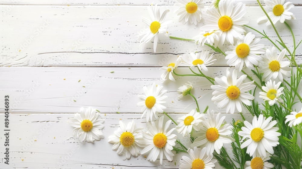 Fototapeta premium Chamomile flowers arranged on white wooden surface with space for text