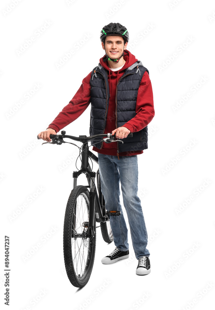 Smiling man in helmet with bicycle isolated on white Smiling man in helmet with bicycle isolated on white