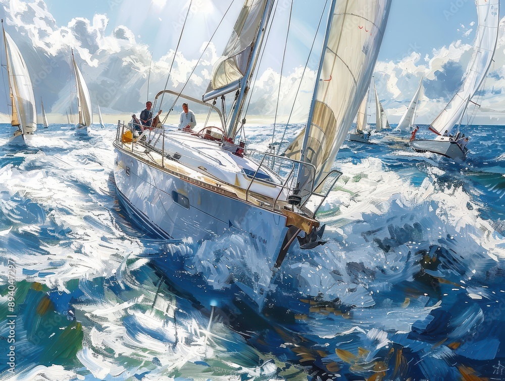 Obraz premium Intense Regatta Action: Competitive Sailing Race with Colorful Boats Racing around Buoys