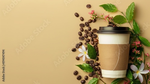 Banner for coffee to go. Reusable, environmentally friendly cardboard cup with natural coffee beans, flowers, and room for text