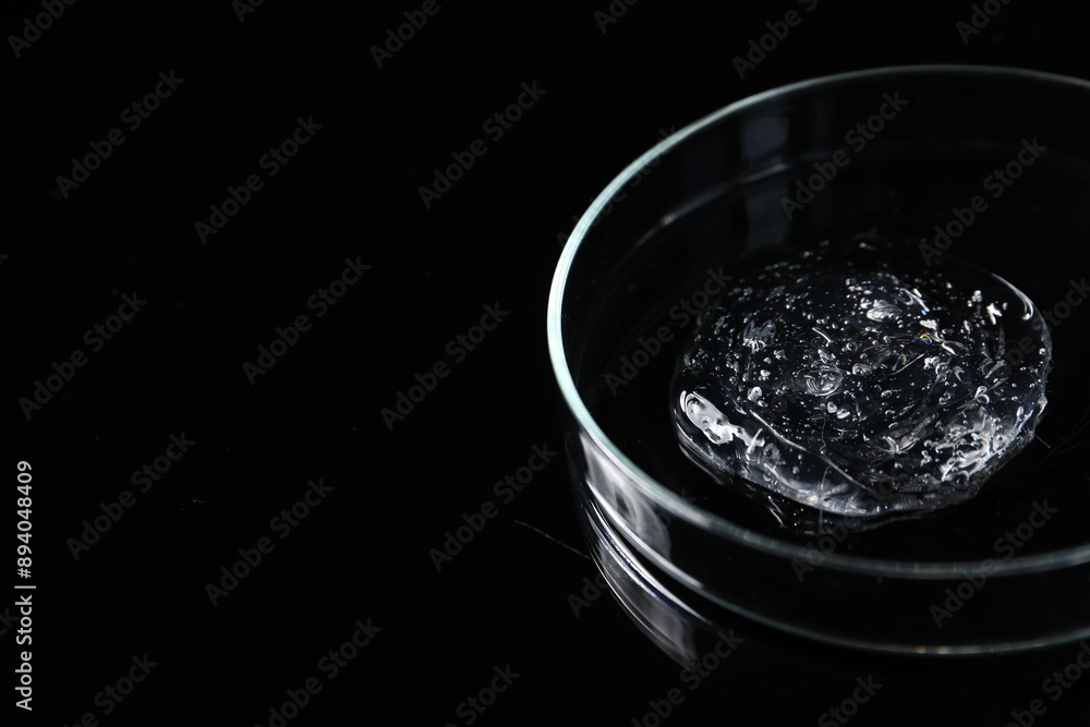 Petri dish with sample on black mirror surface, space for text Petri dish with sample on black mirror surface, space for text