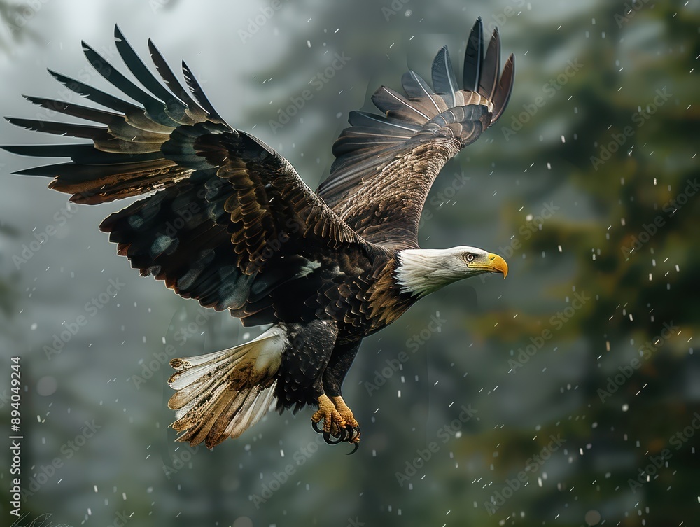 Fototapeta premium Majestic Bald Eagle Soaring Over Mountainous Landscape with Sharp Talons and Keen Eyes Below