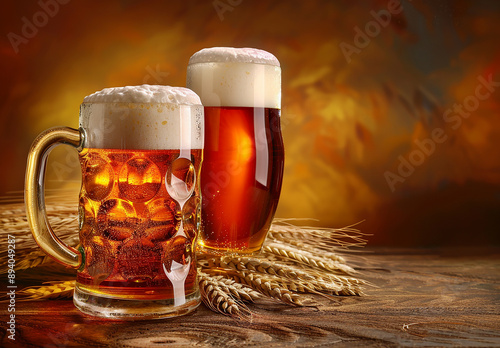 Frosty Beer Mugs on Rustic Table with Wheat Stalks