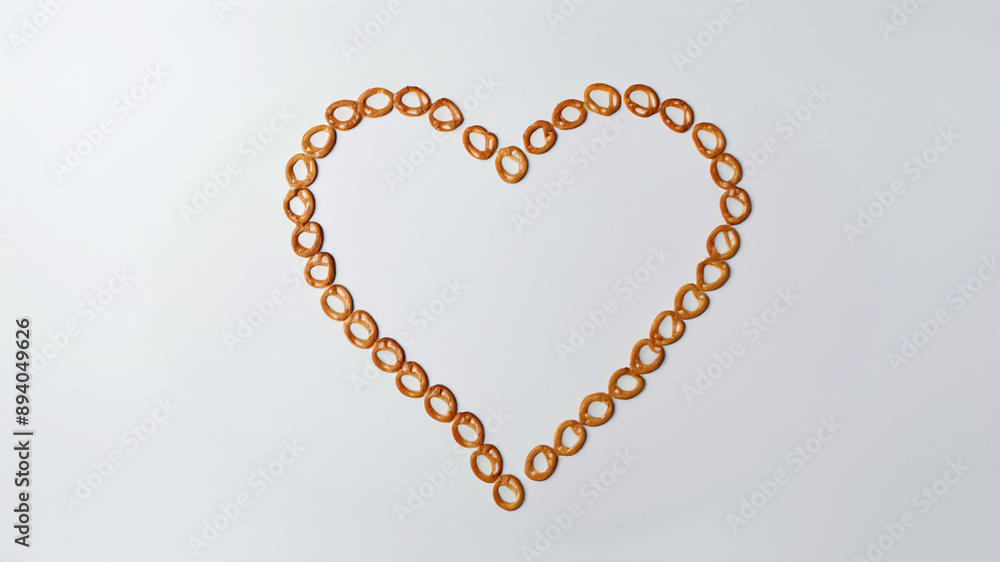 Heart-shaped pretzel arrangement on a white background, a unique and fun food display Heart-shaped pretzel arrangement on a white background, a unique and fun food display