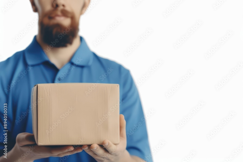 A reliable delivery service with a courier handing a package to a customer, banner, with copy space A reliable delivery service with a courier handing a package to a customer, banner, with copy space