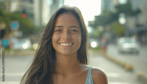 Retrato Cinematográfico de Jovem Brasileira de 25 Anos Caminhando na Avenida Paulista, Sorrindo, IA Generativa