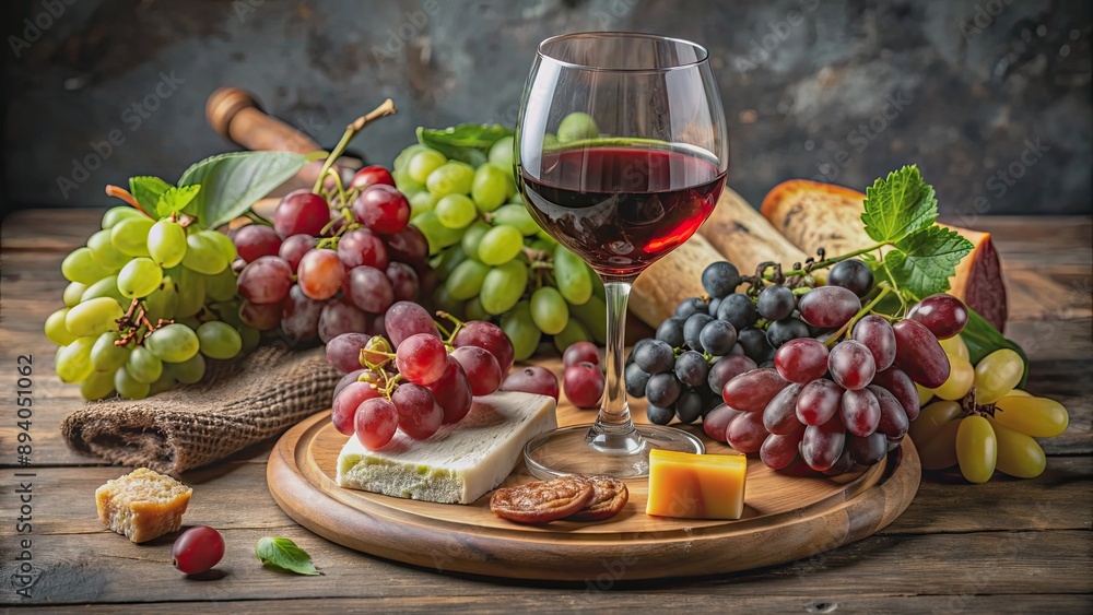 A glass of wine surrounded by a variety of food, including grapes, wine, glass, table, food, grapes, snacks A glass of wine surrounded by a variety of food, including grapes, wine, glass, table, food, grapes, snacks