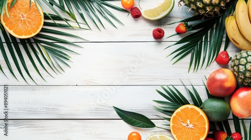 Fototapeta Naklejka Na Ścianę i Meble -  Tropical fruits and palm leaves on a white wooden table summer fruit flat lay