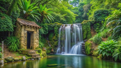 A serene waterfall enclosed by vibrant green foliage and a stone structure in the background, waterfall, lush
