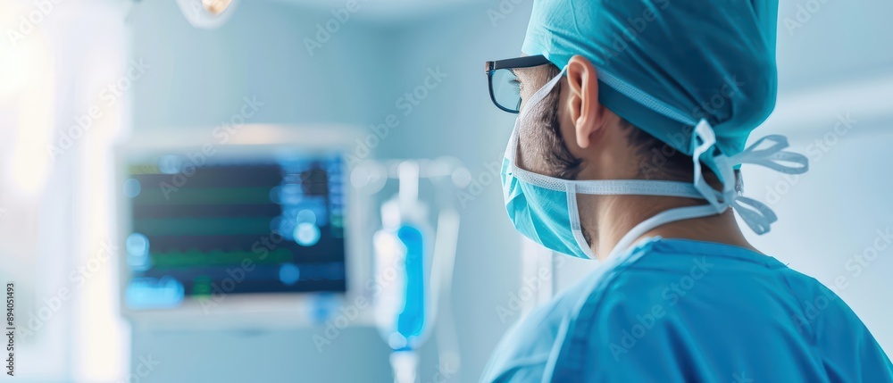 An anesthesiologist preparing anesthesia in a wellequipped operating room, banner, with copy space An anesthesiologist preparing anesthesia in a wellequipped operating room, banner, with copy space