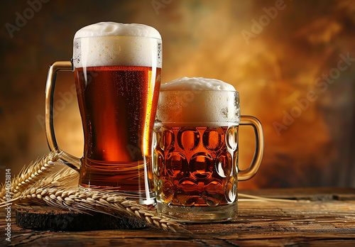 Frosty Beer Mugs on Rustic Table with Wheat Stalks