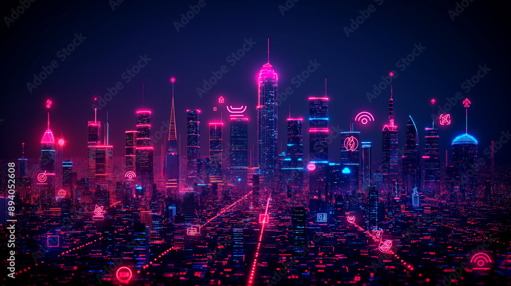 Obraz premium smart city 5G online communication network wireless systems connection concept fifth innovative generation of global high speed internet modern cityscape background flat horizontal vector illustration