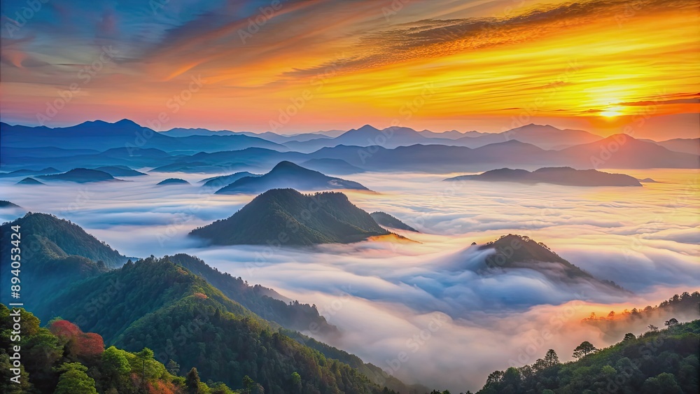 Serene mountains at sunrise with mist covering the valleys, mountains, morning, sunrise, mist, valleys, peaceful, serene Serene mountains at sunrise with mist covering the valleys, mountains, morning, sunrise, mist, valleys, peaceful, serene