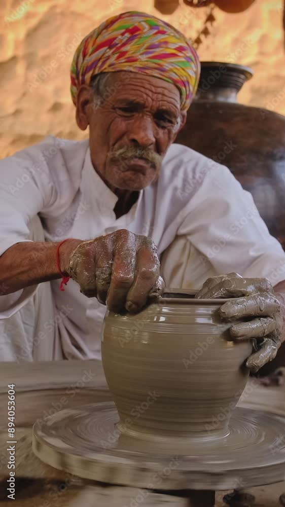 Indian potter at work: throwing the potter's wheel and shaping ceramic vessel and clay ware: pot, jar in pottery workshop. Experienced master. Handwork craft from Shilpagram, Udaipur, Rajasthan, India Indian potter at work: throwing the potter's wheel and shaping ceramic vessel and clay ware: pot, jar in pottery workshop. Experienced master. Handwork craft from Shilpagram, Udaipur, Rajasthan, India