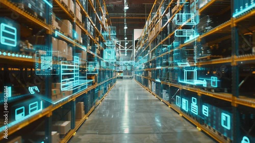 Smart warehouse management system using augmented reality technology to identify package picking and delivery . Future concept of supply chain and logistic business