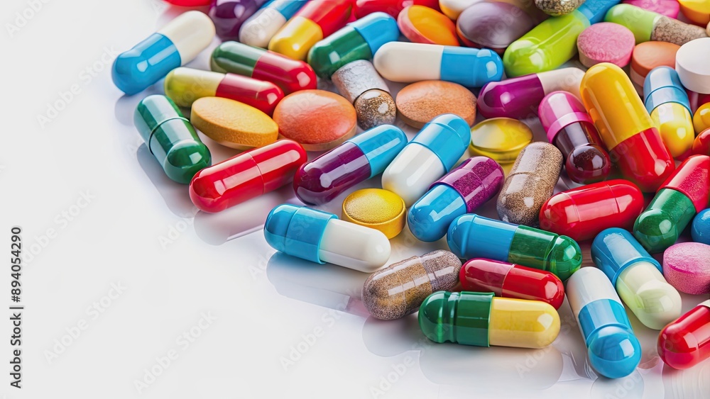 Close-up of various colorful pills and capsules on a white background , medication, healthcare, pharmaceutical Close-up of various colorful pills and capsules on a white background , medication, healthcare, pharmaceutical
