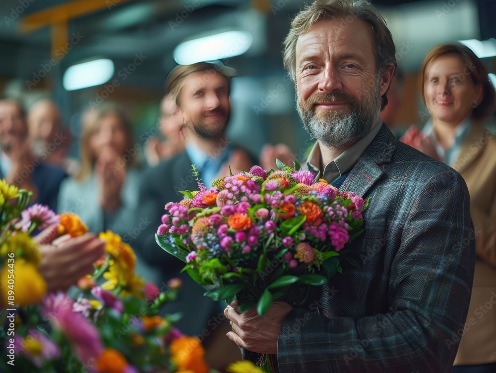 Celebrating Retirement - Colleagues Presenting Bouquet of Flowers to Retiree with Applause in Background Celebrating Retirement - Colleagues Presenting Bouquet of Flowers to Retiree with Applause in Background