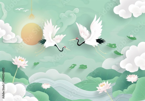 China-Chic Illustration of White Crane and Auspicious Cloud