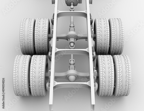 Foto Clay rendering of Semi truck ladder frame, drive shaft and axle system on white background