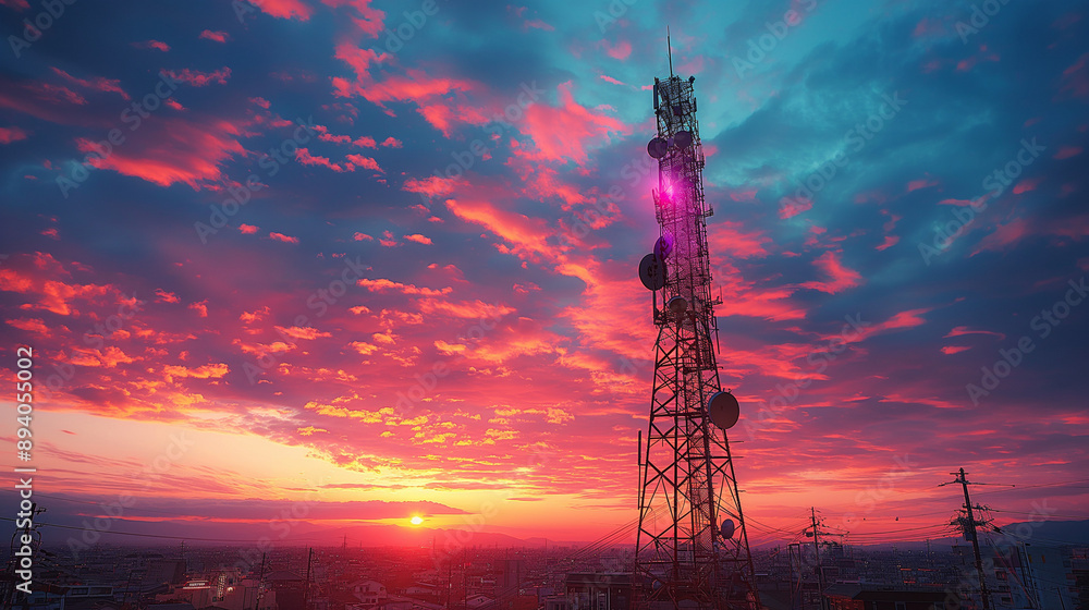 Naklejka premium Antenna for wireless network. Telecommunication cellular station for smart city connections mobile equipment. Broadcasting tower for high speed internet communication. Tech background.
