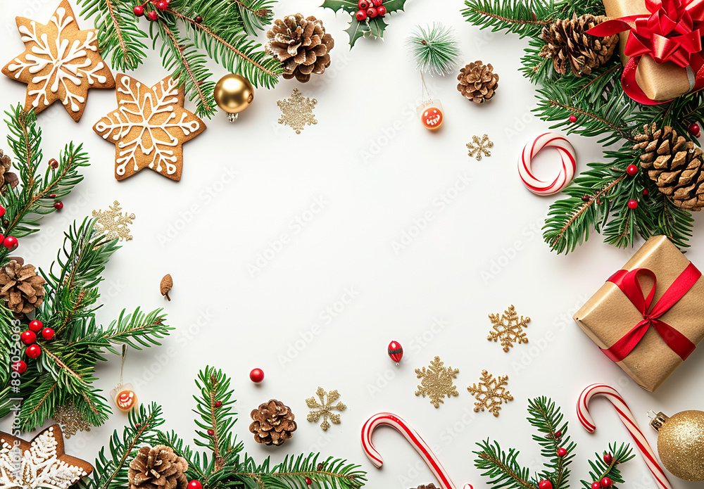 Festive Christmas Background with Evergreen Branches and Holiday Decorations Festive Christmas Background with Evergreen Branches and Holiday Decorations