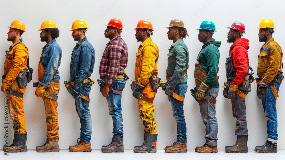Workers standing in line white background Workers standing in line white background