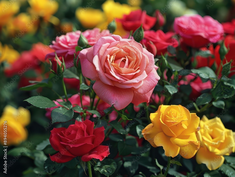 Blossoming Beauty: Colorful Rose Garden with Vibrant Red, Pink, Yellow, and White Blooms Blossoming Beauty: Colorful Rose Garden with Vibrant Red, Pink, Yellow, and White Blooms