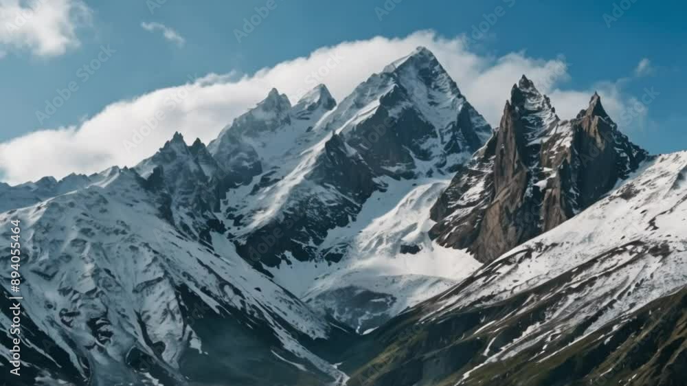 A towering mountain range with snow-capped peaks, hidden caves A towering mountain range with snow-capped peaks, hidden caves