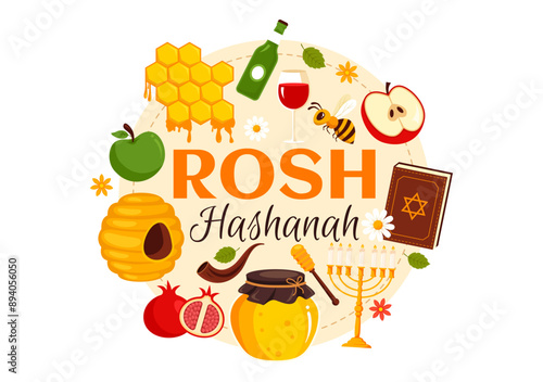 Happy Rosh Hashanah Vector Illustration of Jewish New Year Holiday with Apple, Pomegranate, Honey, and Bee in Flat Style Cartoon Background