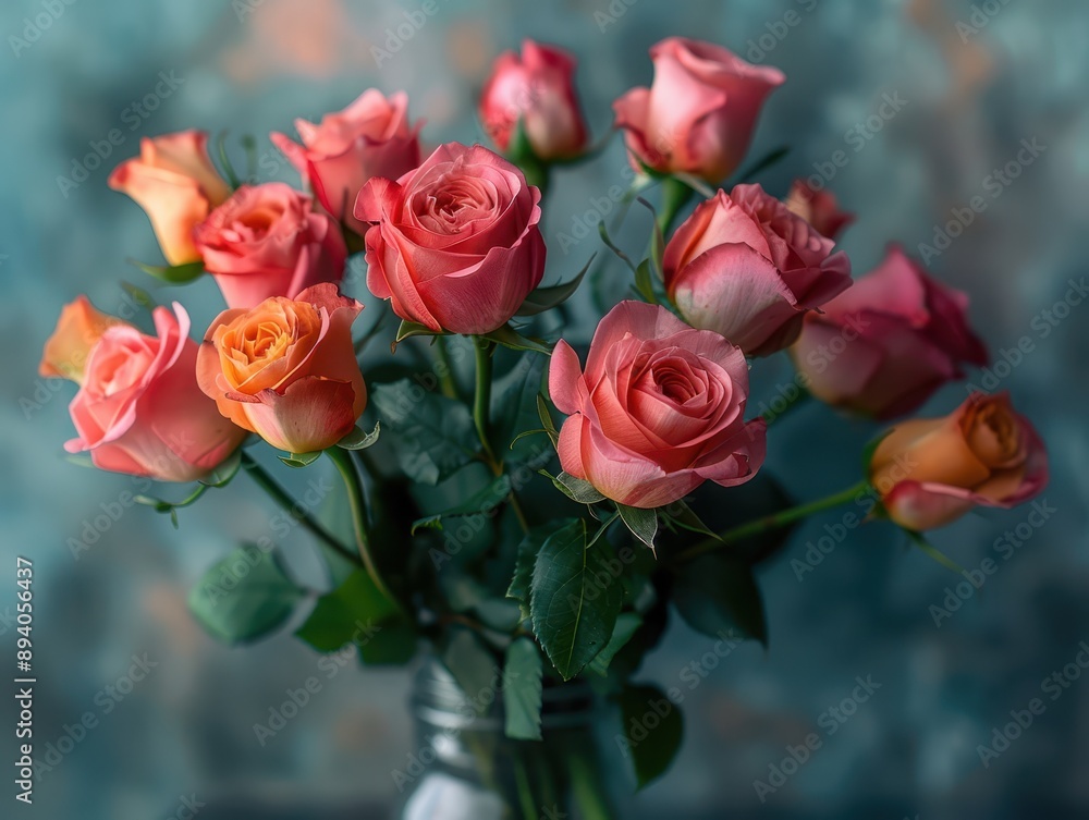 Serene Pink and Yellow Roses in Glass Jar with Copy Space on Neutral Background Serene Pink and Yellow Roses in Glass Jar with Copy Space on Neutral Background