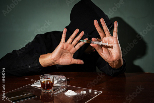 Stop drugs concept. A man makes a stop drug gesture, Human hand stops drugs, Against Drug Abuse