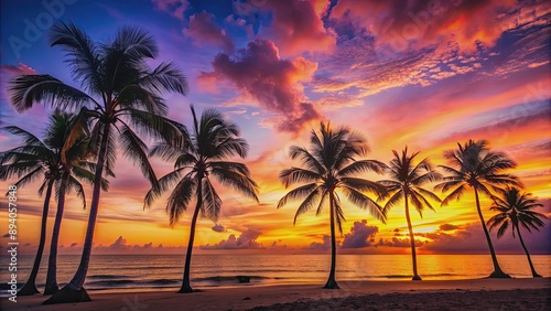 Tropical sunset silhouette on the beach with palm trees and vibrant sky, tropical, serenity, sunset, silhouette, beach