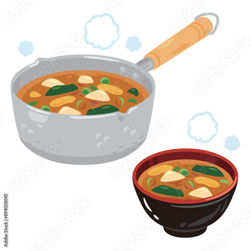 片手鍋に入った味噌汁とお椀に入った味噌汁
