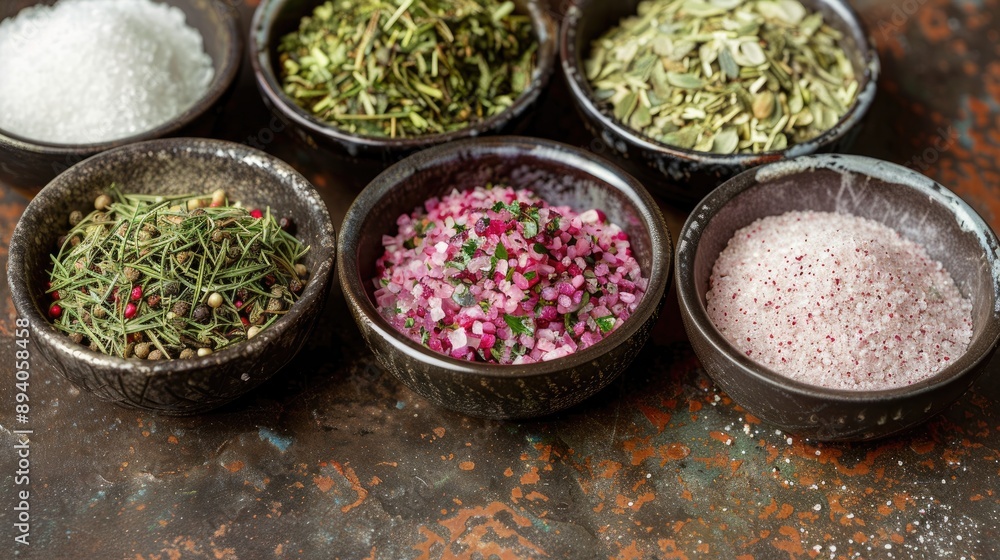 Variety of seasonings garlic salt pink green and blaan herbs Variety of seasonings garlic salt pink green and blaan herbs