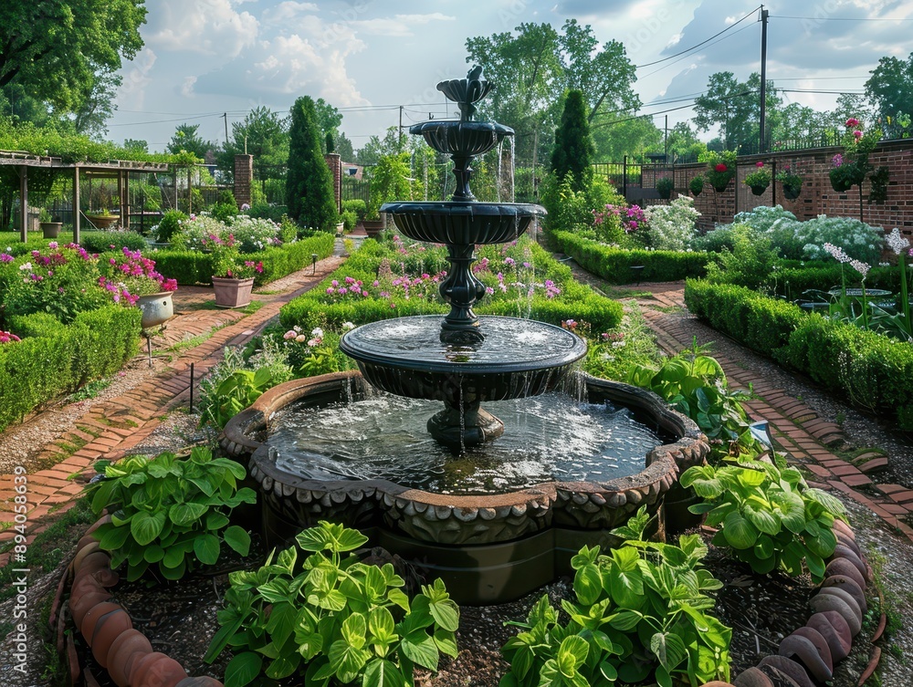 Elegant Formal Garden with Fountain and Roses in Bloom Elegant Formal Garden with Fountain and Roses in Bloom