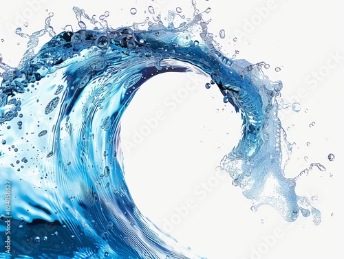 on white  water wave, blue swirl splash, bubbles included