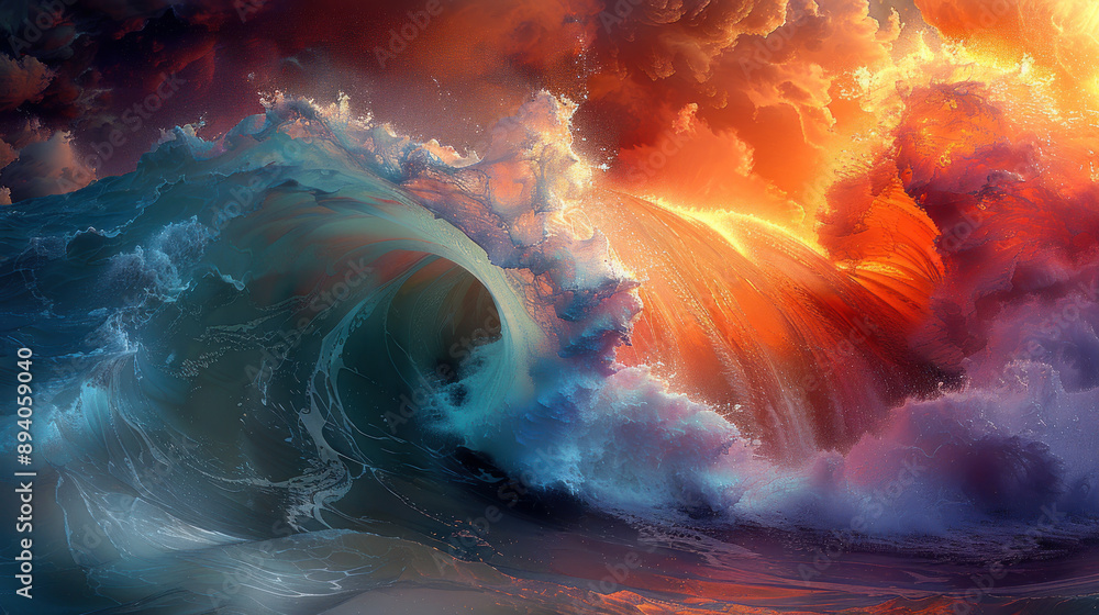 Naklejka premium Dramatic Abstract Ocean Wave with Fiery Sky